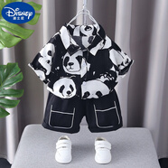 迪士尼（Disney）男童夏季套裝2025新款夏裝兒童洋氣短袖寶寶衣服小男孩薄款兩件套 黑色熊貓襯衫短袖套裝 90 適合身高80-90年齡1歲半-2歲左