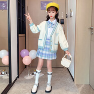 JK兒童jk格裙可愛粉色毛線開衫格子短裙女孩百褶裙學院風幼童三件套 天藍色 三件套(襯衫+裙子+外套) 150碼 建議身高150cm