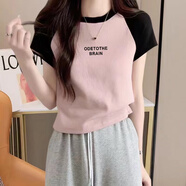 玖卡依短袖t恤女2024春夏季女裝新款插肩袖修身顯瘦體恤女短款上衣潮 粉底黑肩-ODE小英文 M 建議100斤以下