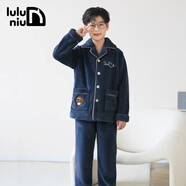 嚕嚕牛男童睡衣兒童珊瑚絨秋冬季加厚款男孩中小童保暖家居服套裝 63002-深藍 110 (8碼 建議身高105-115)