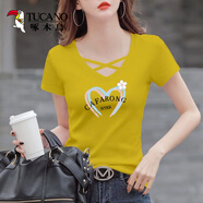 啄木鳥(niǎo)95棉v領(lǐng)短袖t恤女2026新款夏裝大碼鏤空半袖印花體恤修身時(shí)尚上衣 6003#【疊層愛(ài)心】黃色 M 【100-110斤】