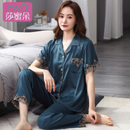 莎蜜朵仿 真絲睡衣女夏季冰絲薄款短袖長(cháng)褲寬松大碼媽媽女士家居服套裝 4627XP 墨綠蕾絲 L （推薦100-120斤穿）