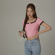 CHUU辣妹修身T恤女2025夏季新款撞色百搭顯瘦U型領(lǐng)純欲短款上衣 粉色 均碼