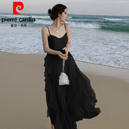 皮爾卡丹（pierre cardin）海邊紅裙旅游沙漠穿搭吊帶連衣裙適合大理洱海拍照的紅色沙灘裙女 黑色 M