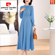 皮爾卡丹（pierre cardin）氣質(zhì)色長(zhǎng)袖連衣裙女春季2024新款春裝高腰顯瘦雪紡裙子春秋女裝 藍(lán)色 3XL [140-155斤]