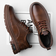 特豪川（TEHAOCHUAN）2025夏季新款男士手工上線(xiàn)休閑皮鞋男復古工裝大頭耐磨系帶皮鞋男 JS-9366棕色 39