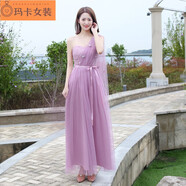 NJTD伴娘服長(cháng)款2024秋冬新款灰色伴娘團姐妹裙伴娘禮服連衣裙晚禮服女 斜肩飄帶豆沙色D 2XL