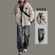 唐號(hào)假兩件棉服男款冬季寬松休閑加厚保暖棉衣外套日系潮流連帽棉襖子 8809杏色棉服+藍(lán)色牛仔褲 XL