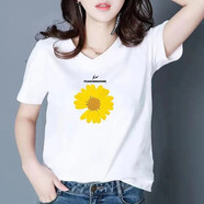 珞妮短袖t恤女顯瘦女裝上衣春夏季新款韓版V領半袖休閑體桖衫 白色 雛菊 2XL 建議125-135斤
