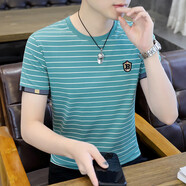 圣華聚佐歐倫吉時(shí)喜條紋短袖T恤男士夏季2023年潮流男裝青年修身薄款上 湖藍 165M90-105斤