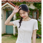 艾路絲婷薄款針織t恤女短袖2024夏季新款木耳邊圓領(lǐng)正肩顯瘦上衣31827 杏色 XL