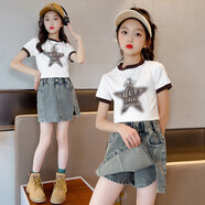 童榜女童套裝夏裝新款女孩衣服中大童學(xué)生T恤牛仔短裙夏季兒童洋氣 白T恤+短褲裙 130 建議身高120-125CM