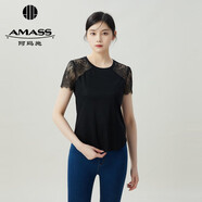 阿瑪施（AMASS）女裝新款圓領(lǐng)拼接蕾絲萊賽爾短袖T恤女5300653 黑 S(2碼)