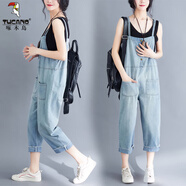啄木鳥背帶牛仔九分褲女夏季2025新款韓版大尺碼寬松減齡顯瘦吊帶連體褲 淺藍色 M【90-115斤】