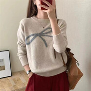 純邇加厚毛衣女2024秋冬新款內(nèi)搭打底保暖針織衫圓領(lǐng)針織夾色長(zhǎng)袖套頭 米杏色 均碼