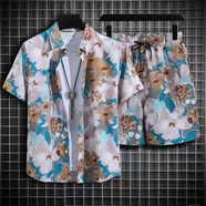 狄帝鯊海南島沙灘服三亞旅游冰絲港風(fēng)襯衣夏威夷花襯衫島服男女短袖套裝 C72套裝【灰色】 3XL