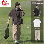 安初夏半拉鏈polo領(lǐng)短袖t恤男士休閑套裝夏季男裝三件套日系穿搭配衣服 棕色外衣+棉短T+卡其長(zhǎng)K XL 【推薦120-140斤】