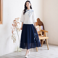 妖妮旗袍漢服女成人年輕日常演出2025新中式國風(fēng)棉麻繡花裙兩件套856 白色上衣+藍色裙 常規 2XL 【建議115-125斤】