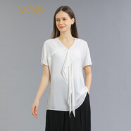 VOA31姆米順紆重磅蠶絲V領(lǐng)蝙蝠短袖白色淑女文藝時尚桑蠶絲T恤 BE983 芊白落雪（W72） L
