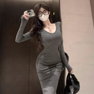 邦伊芙灰色長袖v領連衣裙女秋冬洋氣內搭打底裙子緊身包臀魚尾小媽長裙 灰色/Gray【約會戰(zhàn)裙】 S 建議【70-90斤】