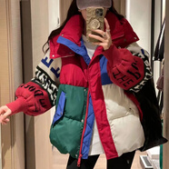 黛芙熙拼接撞色羽絨服女短款2025冬季新款寬松休閑百搭年輕加厚外套潮 紅色 M 建議90-105斤