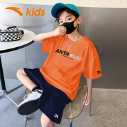 安踏童裝男兒童套裝夏季透氣冰絲速干短袖短褲兩件套中大童運(yùn)動(dòng)服 橘T+藍(lán)褲22 165