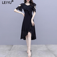 蕾遇雪紡連衣裙夏季新款韓版潮流鏤空露肩收腰顯瘦超仙氣質(zhì)中長(cháng)裙 黑色 L