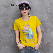 Mirza Mirror夏季短袖新款歐洲站女裝重工黑色半袖t恤女修身上衣歐貨潮 黃色 M