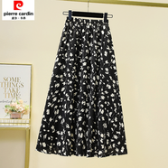 皮爾卡丹雪紡半身裙女碎花裙子夏季新款沙灘大擺中長(cháng)款裙高腰垂墜感a字裙 黑色 M 【建議85-100斤