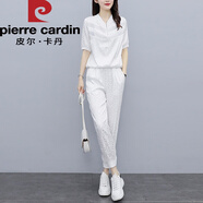 皮爾卡丹女裝2025夏裝新款胖l妹l妹洋氣減齡顯瘦時尚休閑運動服套裝夏針織 白色 XL【建議120-133斤】