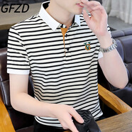 GFZD輕奢高端男裝 夏季條紋T恤男商務(wù)刺繡百搭修身polo領(lǐng)短袖體恤上衣 832米白色 4XL 建議170-185斤可穿