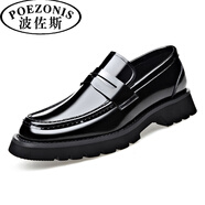 波佐斯（POEZONIS）春季英倫商務(wù)男士休閑皮鞋舒適厚底真皮大碼男鞋一腳蹬懶人樂(lè )福鞋 黑色 41