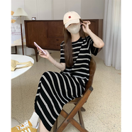 斐特瑪條紋針織短袖t恤連衣裙女慵懶風(fēng)夏季新款寬松顯瘦直筒休閑長裙子 黑杏條 L（適合100-120斤）