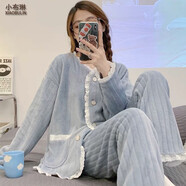 小布琳 珊瑚絨睡衣女加絨加厚秋冬季韓版甜美學(xué)生毛絨絨女士開(kāi)衫家居服 灰色花邊-絨 XL