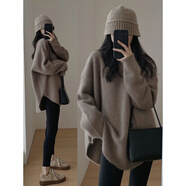 ?？|竺浣熊絨套頭毛衣女秋冬外穿中長(zhǎng)款日系慵懶復(fù)古開叉針織衫冬季加厚 咖色 均碼 s建議75-95斤
