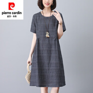 皮爾卡丹（pierre cardin）條紋連衣裙女短袖2025新款夏季氣質(zhì)加碼顯瘦小個(gè)子MM棉麻風(fēng)裙子針 灰色 L