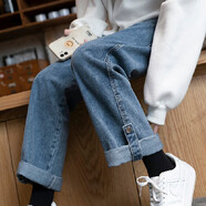 媚哥寬松復古牛仔闊腿褲女秋冬季2024秋冬裝新款高腰顯瘦窄版直筒褲女 復古藍卷邊【單褲】 L （建議105-115斤）