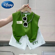 迪士尼（Disney）2024新款男童寶寶夏裝背心套裝夏季洋氣男孩帥氣兒童印花兩套 綠色套裝 90 cm
