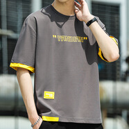 栢斐荻（BYPHYTEE）短袖T恤男士夏季新款寬松港風(fēng)假兩件休閑上衣時(shí)尚潮流半袖T恤男裝 灰色 M