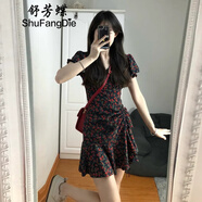 舒芳蝶（shufangdie）黑色碎花連衣裙女夏2025新款小個(gè)子法式泡泡袖V領(lǐng)收腰顯瘦掐腰裙 黑色 M