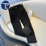 PMOG黑色拼接直筒牛仔褲女2025春秋新款小個(gè)子韓版高腰顯瘦九分煙管褲 黑色九分 L 建議110-120斤