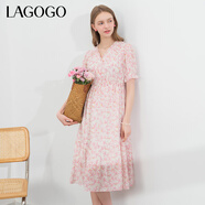 LAGOGO氣質(zhì)法式碎花V領(lǐng)連衣裙女拉谷谷夏季新款印花田園風(fēng)高腰裙 混色(Y0) M