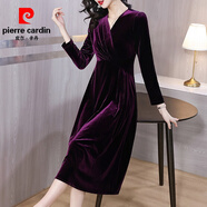皮爾卡丹（pierre cardin）金絲絨連衣裙大碼顯瘦2025女新款秋冬季媽媽高貴洋氣內(nèi)搭打底 紫色寬松款 S