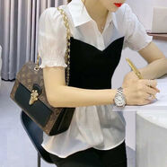 馭達(dá)（YUDA） YUDA淑女風(fēng)假兩件雪紡襯衫女2024春秋針織拼接襯衫領(lǐng)顯瘦白色襯 白色  短袖 2XL
