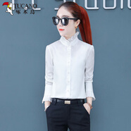 啄木鳥(niǎo)2026春秋新款立領(lǐng)白襯衫女木耳花邊領(lǐng)顯瘦職業(yè)打底上衣內搭襯衣寸 白色 S (建議75-90斤)