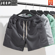 JEEP SPIRIT不過膝蓋工裝三分短褲男純色3分褲修身四分褲4分流行針織休閑短褲 深灰色 42 XL 110-125斤左右