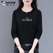 啄木鳥(niǎo)好棉長(zhǎng)袖t恤女春秋款2025新款中年女士圓領(lǐng)秋裝打底衫T 黑色 XL 建議110-125斤