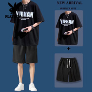 花花公子（PLAYBOY）短袖T恤男兩件套裝夏季短褲男士潮流一套搭配學(xué)生休閑薄款炸街男 【兩件裝】英文黑色+黑色短褲 S 建議60-80斤