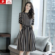 皮爾卡丹（pierre cardin）條紋新款連衣裙時(shí)尚女裝2024百搭氣質(zhì)顯瘦夏季淑女連衣裙收腰裙子 黑色抽繩收腰連衣裙【有口袋】 2XL 120-135斤