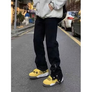 POUM褲子秋冬季男美式街頭cleanfit水洗黑色微喇牛仔褲男高街寬松直筒 HWFS-E15黑色 L【建議95-110斤】